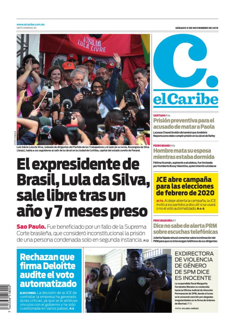 Portada Periódico El Caribe, Sábado 09 de Noviembre, 2019
