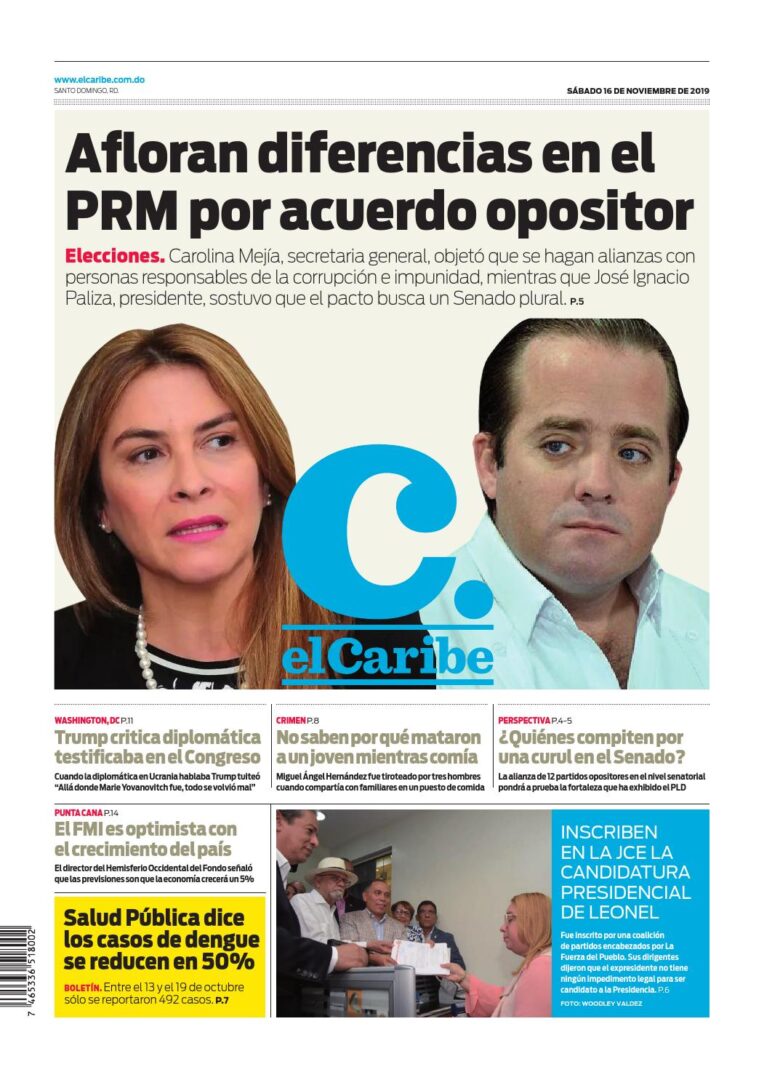 Portada Periódico El Caribe, Sábado 16 de Noviembre, 2019