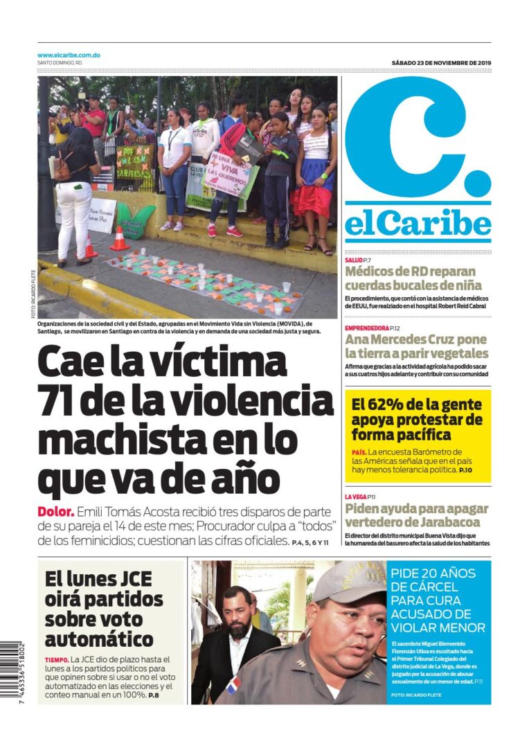 Portada Periódico El Caribe, Sábado 23 de Noviembre, 2019