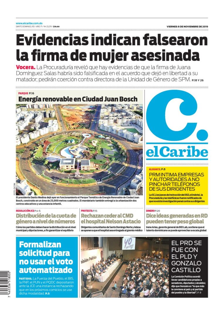 Portada Periódico El Caribe, Viernes 08 de Noviembre, 2019