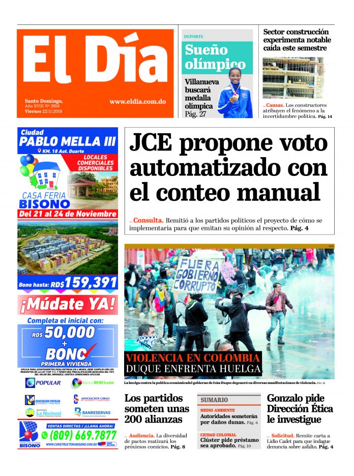 Portada Periódico El Día, Jueves 22 de Noviembre, 2019