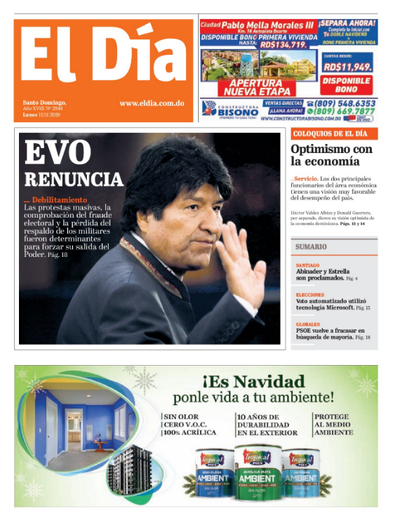 Portada Periódico El Día, Lunes 11 de Noviembre, 2019
