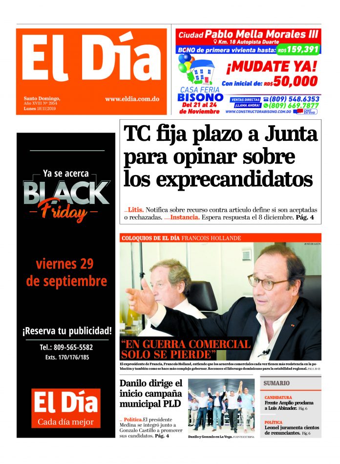 Portada Periódico El Día, Lunes 18 de Noviembre, 2019