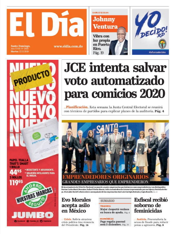 Portada Periódico El Día, Martes 12 de Noviembre, 2019