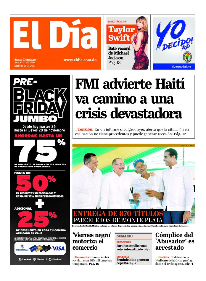Portada Periódico El Día, Martes 26 de Noviembre, 2019