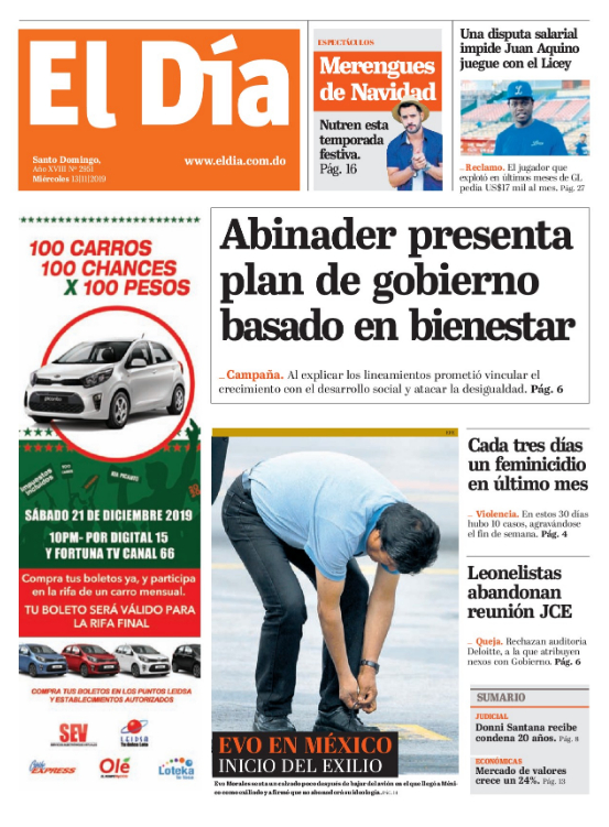 Portada Periódico El Día, Miércoles 13 de Noviembre, 2019