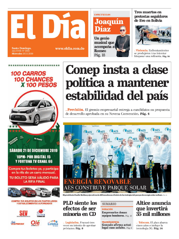 Portada Periódico El Día, Miércoles 20 de Noviembre, 2019