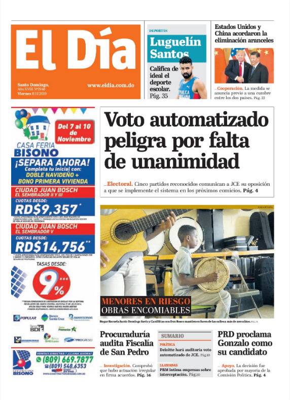 Portada Periódico El Día, Viernes 08 de Noviembre, 2019