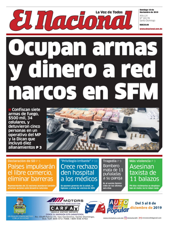 Portada Periódico El Nacional, Domingo 10 de Noviembre, 2019