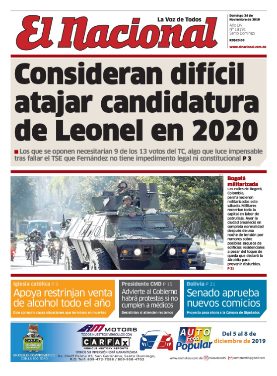 Portada Periódico El Nacional, Domingo 24 de Noviembre, 2019