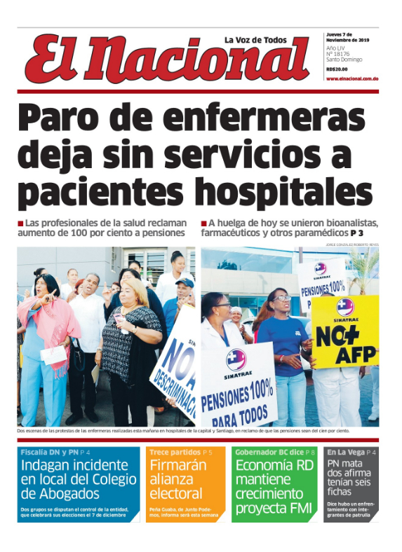 Portada Periódico El Nacional, Jueves 07 de Noviembre, 2019