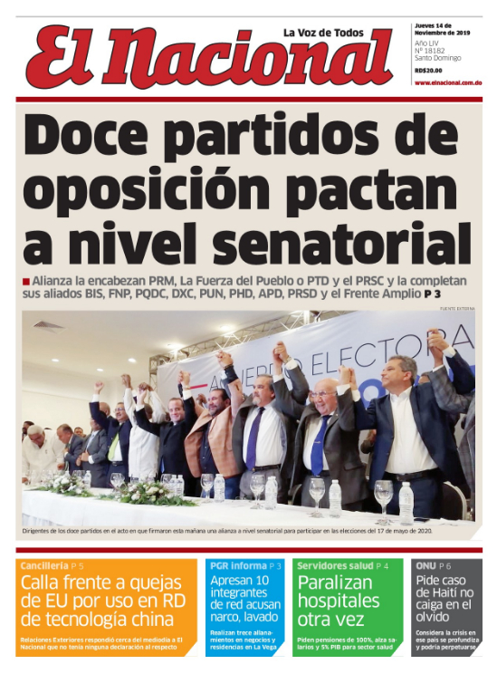 Portada Periódico El Nacional, Jueves 14 de Noviembre, 2019