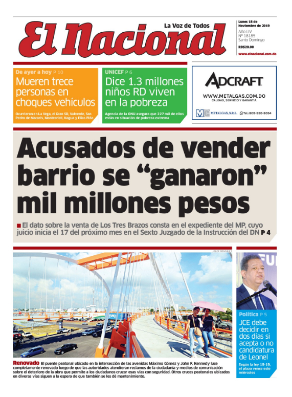 Portada Periódico El Nacional, Lunes 18 de Noviembre, 2019