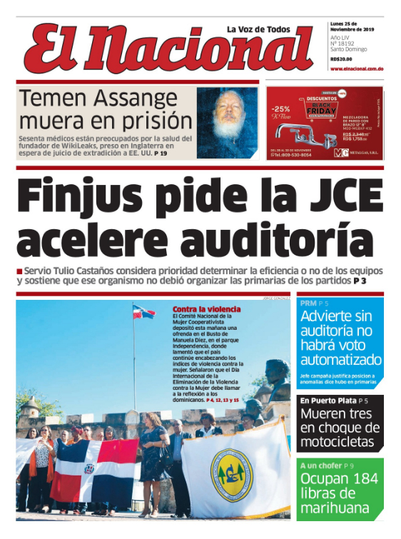 Portada Periódico El Nacional, Lunes 25 de Noviembre, 2019