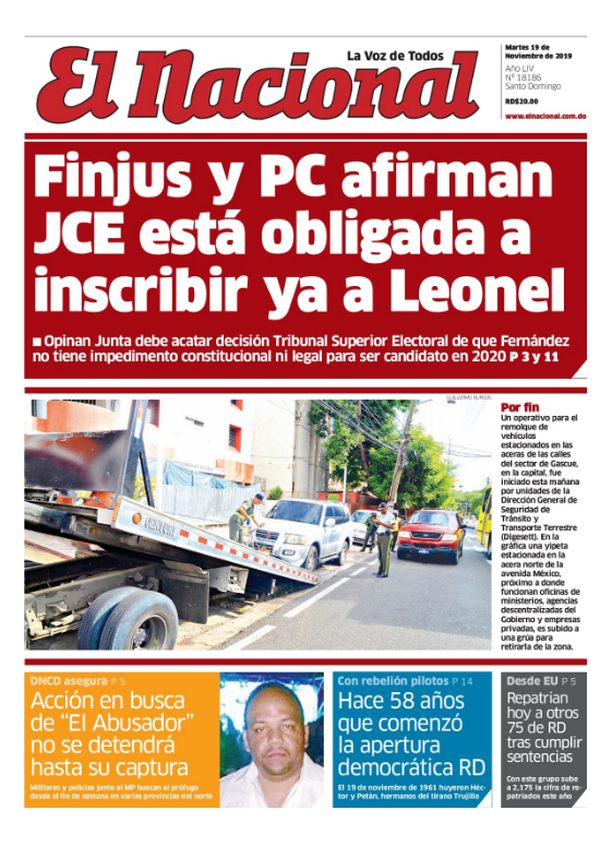 Portada Periódico El Nacional, Martes 19 de Noviembre, 2019