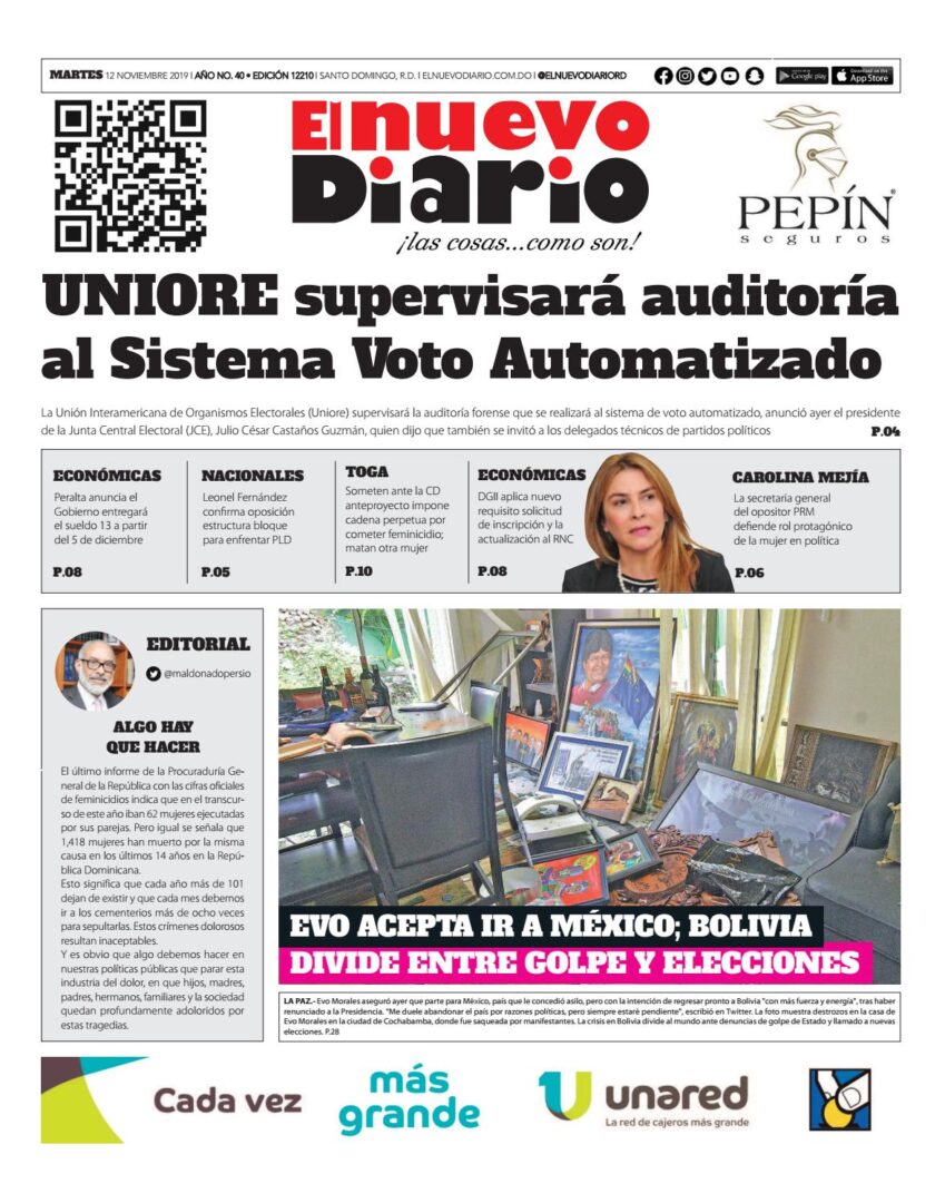 Portada Periódico El Nuevo Diario, Martes 12 de Noviembre, 2019