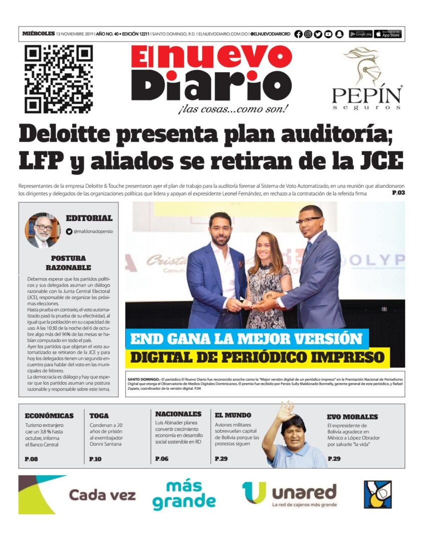Portada Periódico El Nuevo Diario, Miércoles 13 de Noviembre, 2019