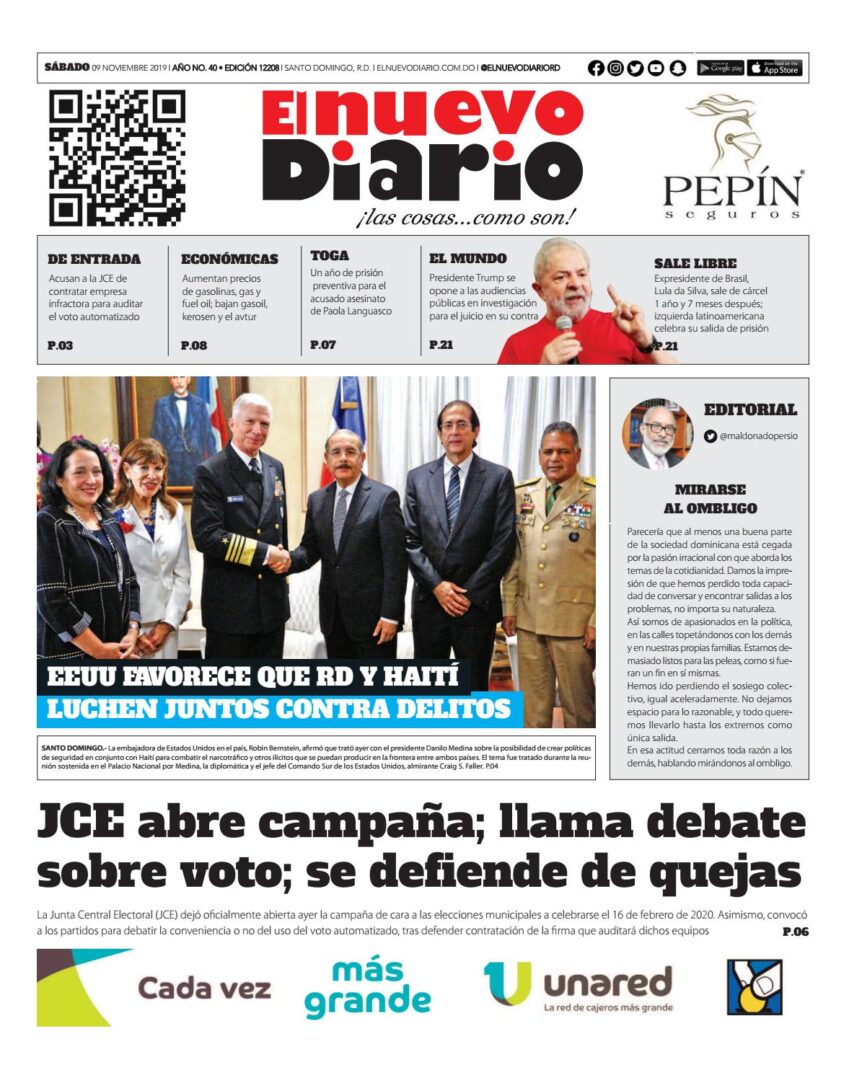 Portada Periódico El Nuevo Diario, Sábado 09 de Noviembre, 2019