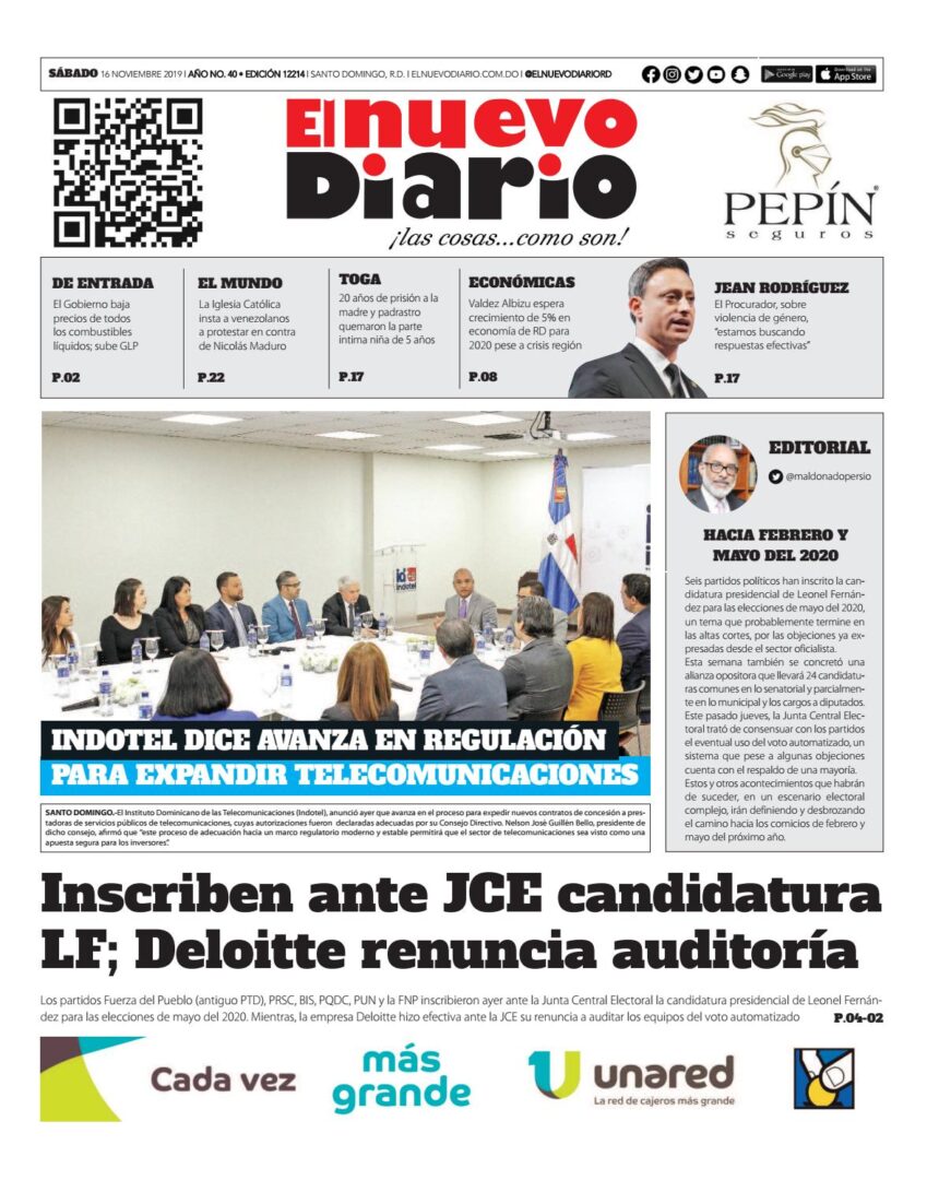 Portada Periódico El Nuevo Diario, Sábado 16 de Noviembre, 2019