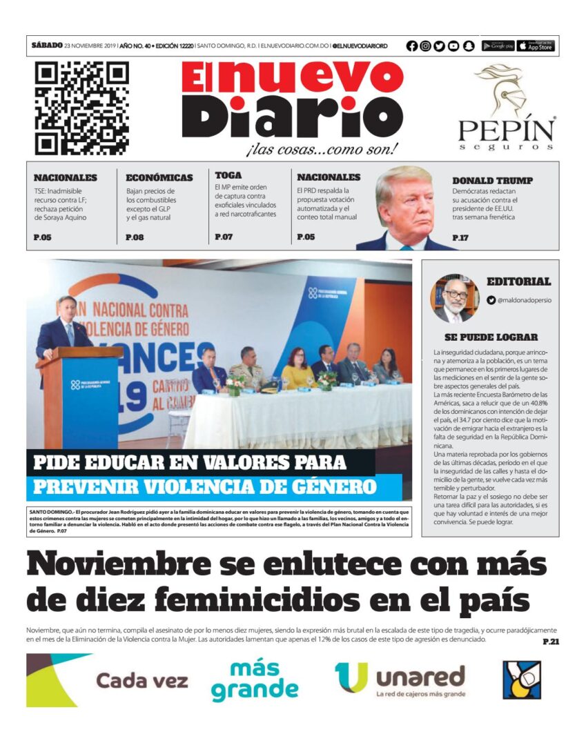 Portada Periódico El Nuevo Diario, Sábado 23 de Noviembre, 2019