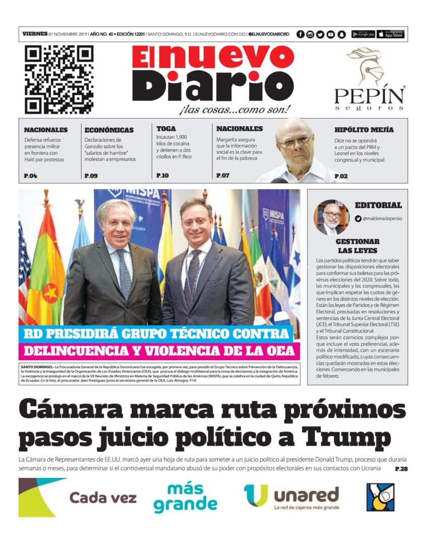 Portada Periódico El Nuevo Diario, Viernes 01 de Noviembre, 2019