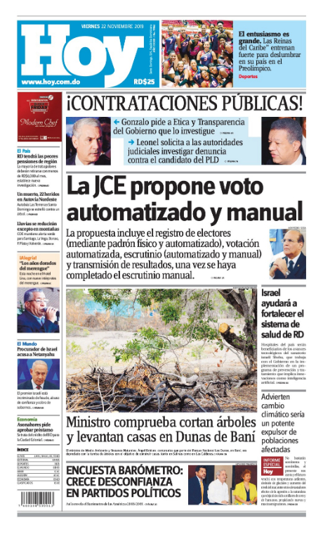 Portada Periódico Hoy, Jueves 22 de Noviembre, 2019