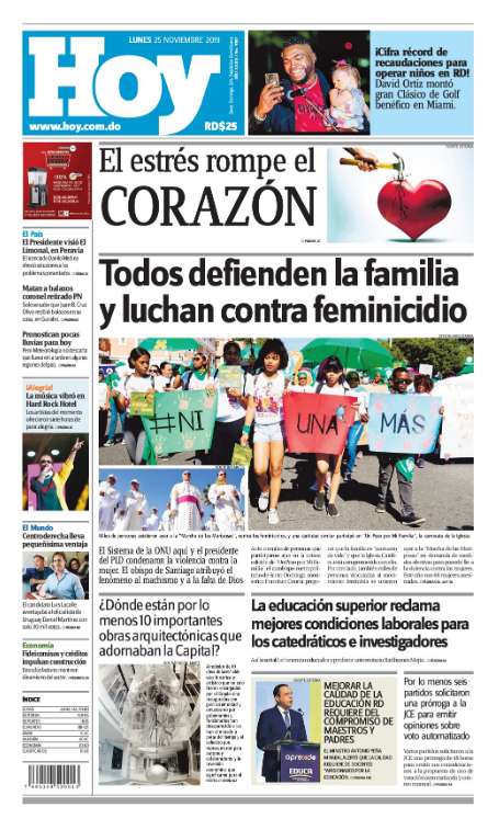 Portada Periódico Hoy, Lunes 25 de Noviembre, 2019
