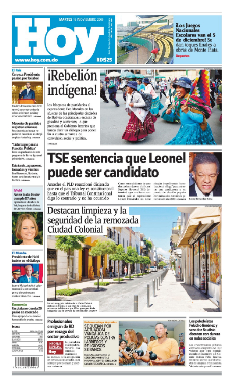 Portada Periódico Hoy, Martes 19 de Noviembre, 2019
