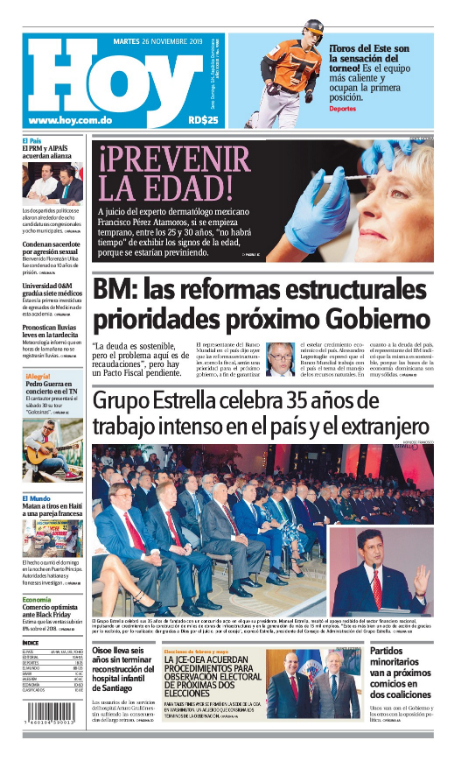 Portada Periódico Hoy, Martes 26 de Noviembre, 2019