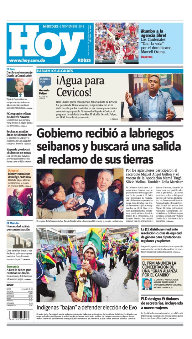Portada Periódico Hoy, Miércoles 06 de Noviembre, 2019
