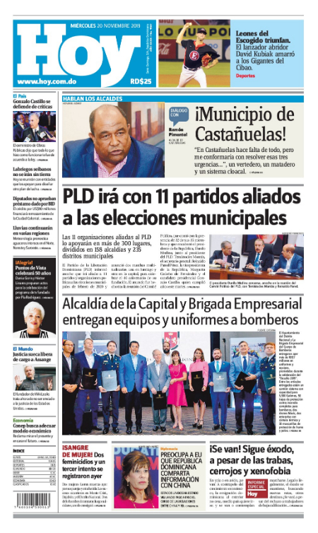 Portada Periódico Hoy, Miércoles 20 de Noviembre, 2019