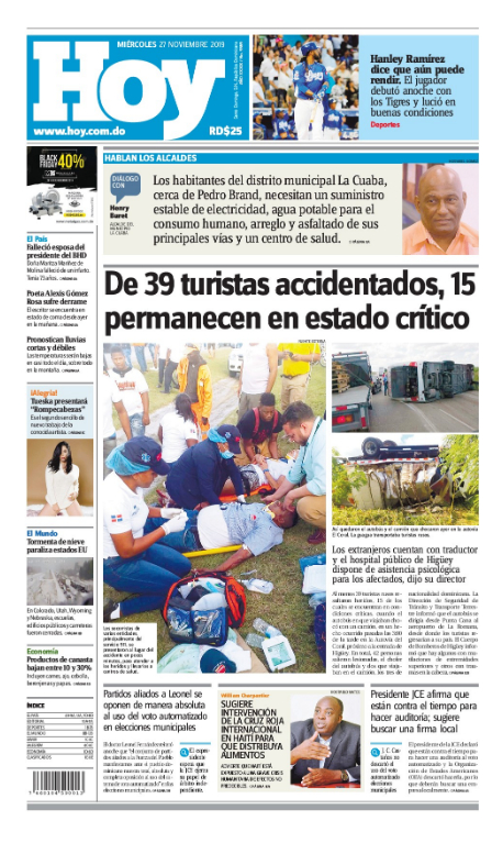Portada Periódico Hoy, Miércoles 27 de Noviembre, 2019