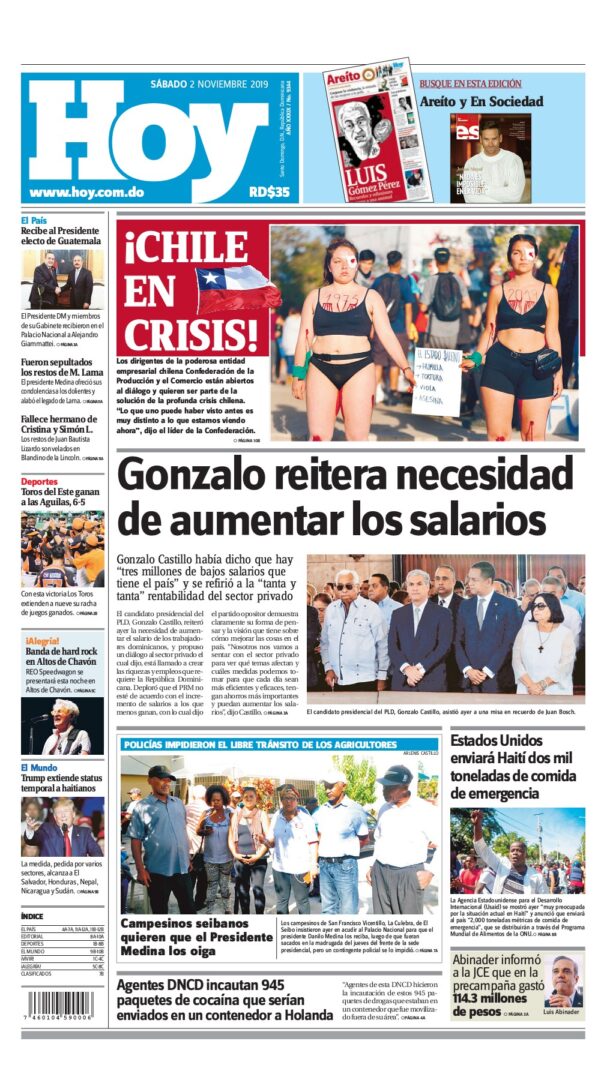 Portada Periódico Hoy, Sábado 02 de Noviembre, 2019