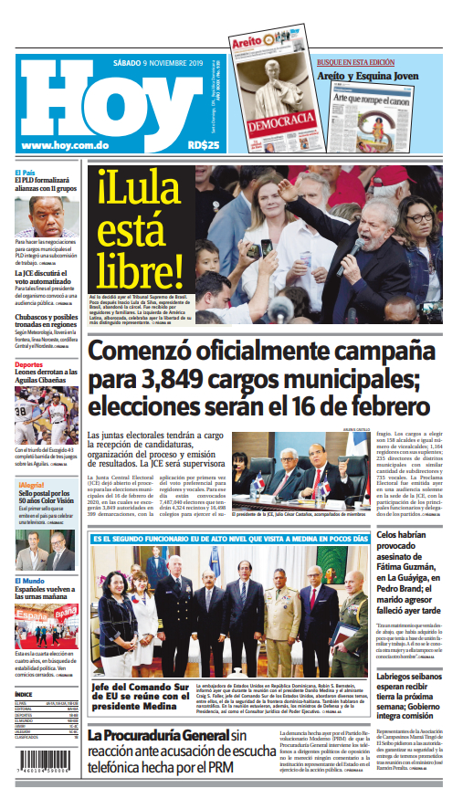 Portada Periódico Hoy, Sábado 09 de Noviembre, 2019