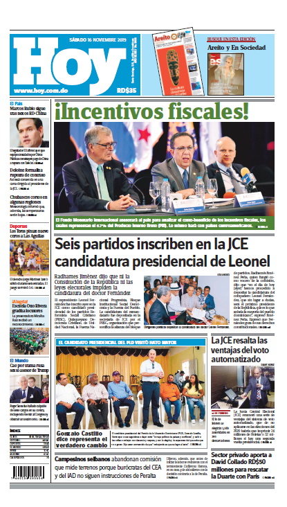 Portada Periódico Hoy, Sábado 16 de Noviembre, 2019