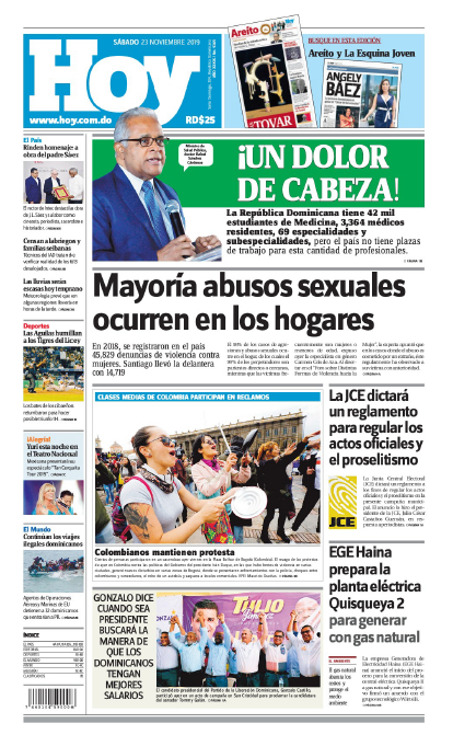 Portada Periódico Hoy, Sábado 23 de Noviembre, 2019