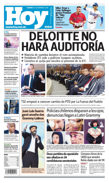 Portada Periódico Hoy, Viernes 15 de Noviembre, 2019