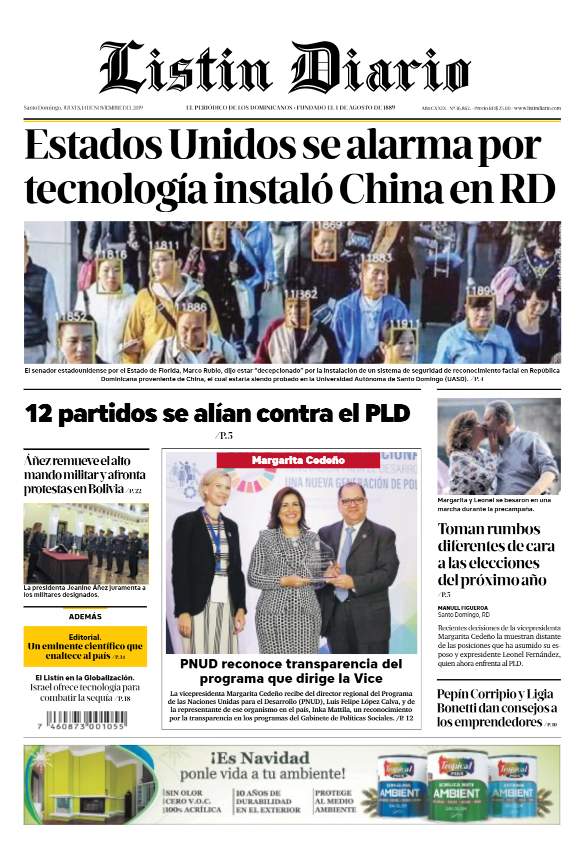 Portada Periódico Listín Diario, Jueves 14 de Noviembre, 2019