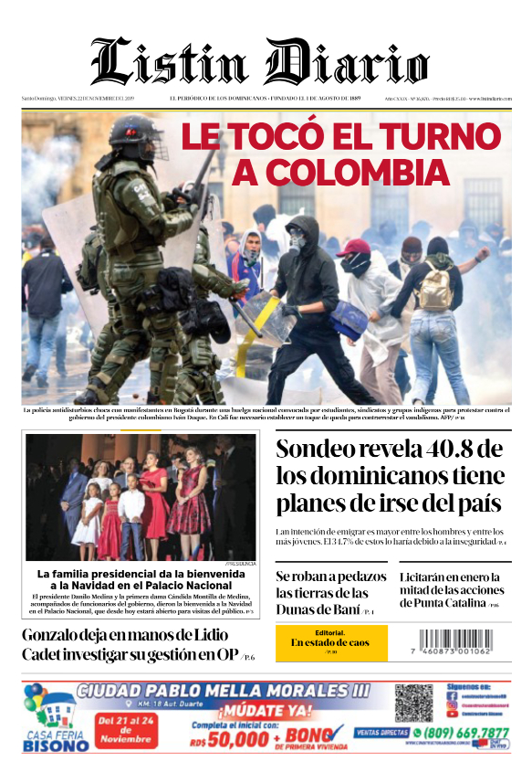 Portada Periódico Listín Diario, Jueves 22 de Noviembre, 2019