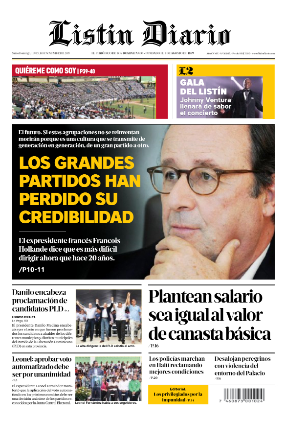 Portada Periódico Listín Diario, Lunes 18 de Noviembre, 2019