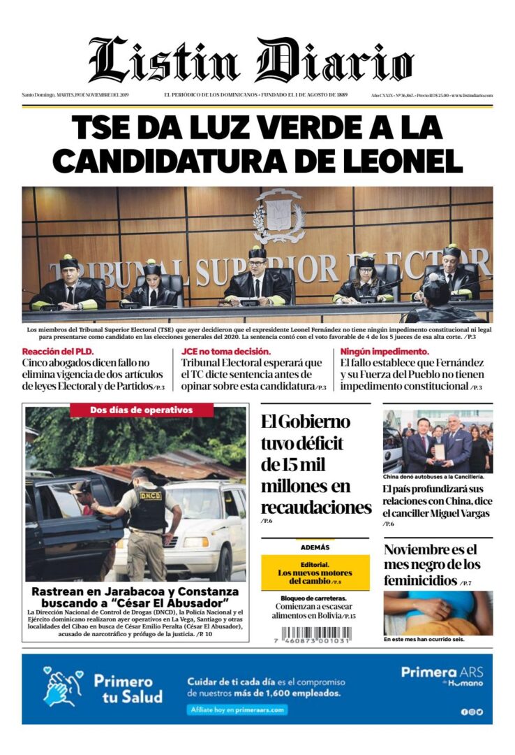Portada Periódico Listín Diario, Martes 19 de Noviembre, 2019