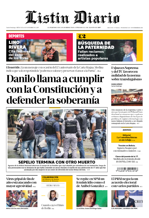 Portada Periódico Listín Diario, Miércoles 06 de Noviembre, 2019