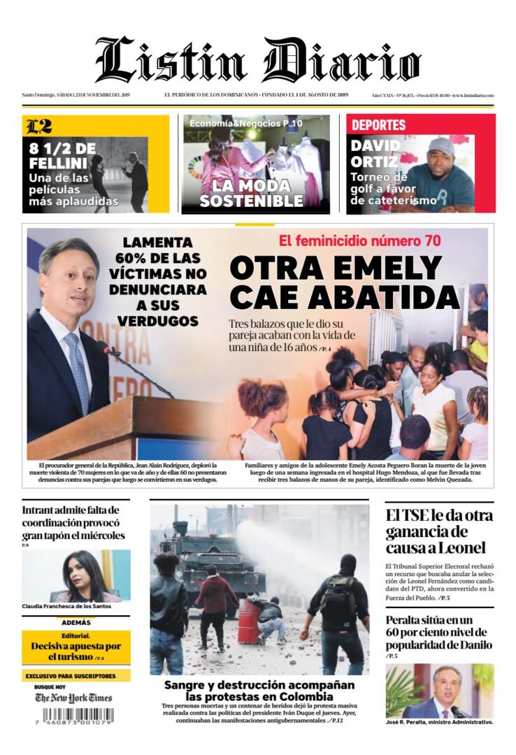 Portada Periódico Listín Diario, Sábado 23 de Noviembre, 2019