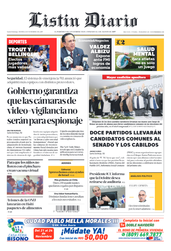 Portada Periódico Listín Diario, Viernes 15 de Noviembre, 2019