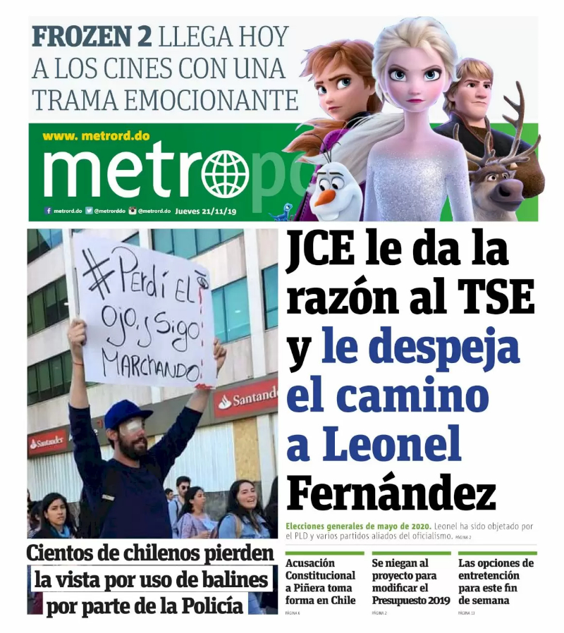 Portada Periódico Metro, Jueves 21 de Noviembre, 2019