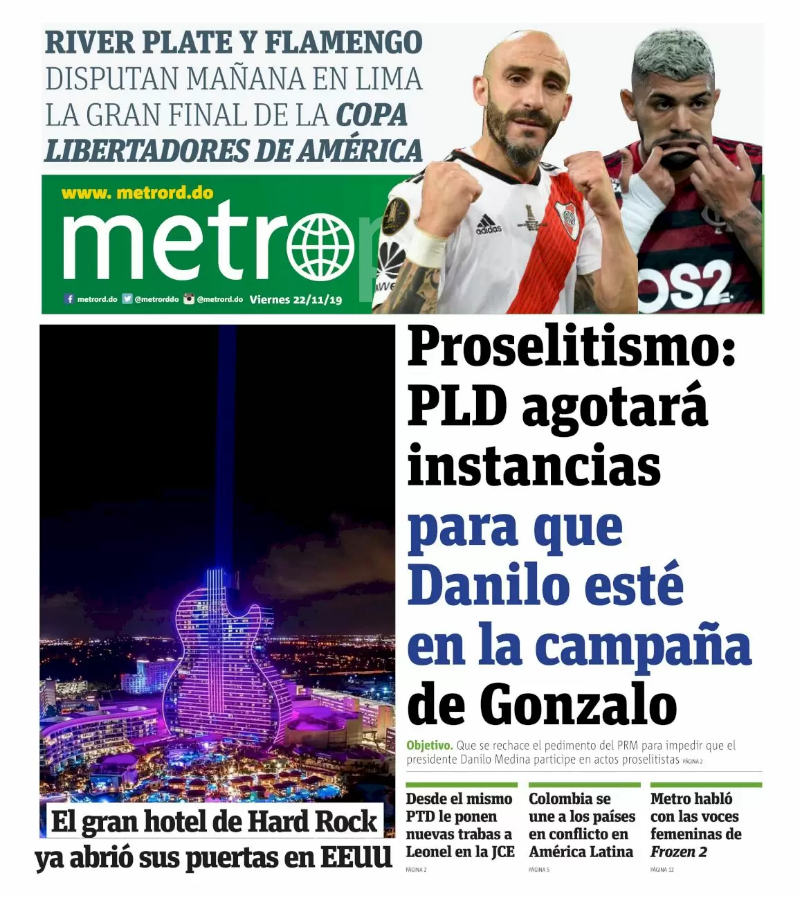 Portada Periódico Metro, Jueves 22 de Noviembre, 2019
