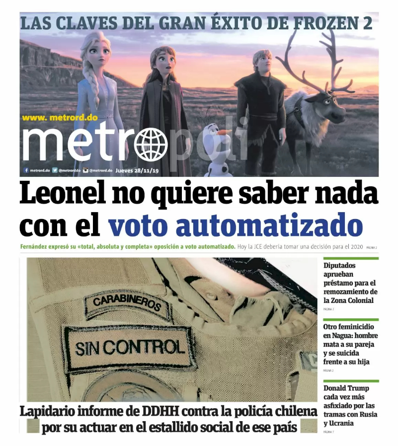 Portada Periódico Metro, Jueves 28 de Noviembre, 2019