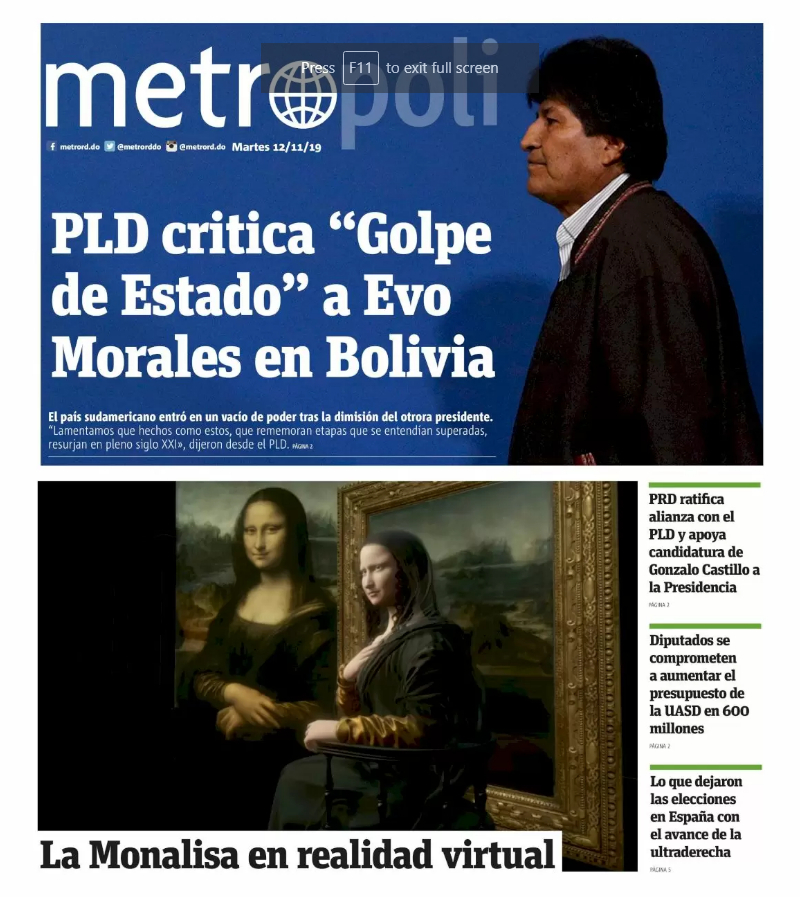 Portada Periódico Metro, Martes 12 de Noviembre, 2019