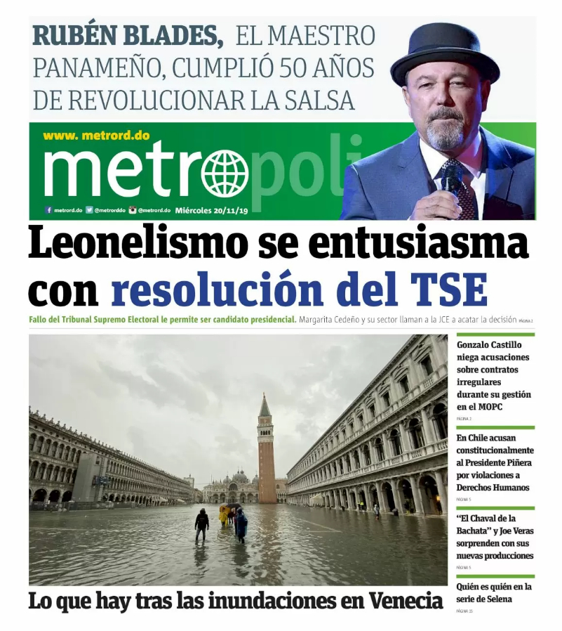 Portada Periódico Metro, Miércoles 20 de Noviembre, 2019