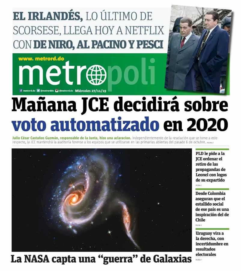 Portada Periódico Metro, Miércoles 27 de Noviembre, 2019